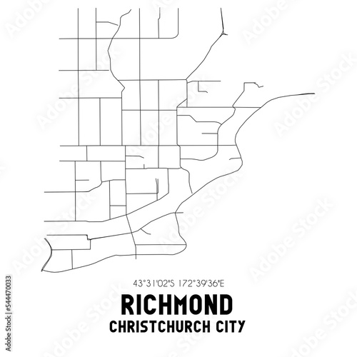 Richmond  Christchurch City  New Zealand. Minimalistic road map with black and white lines