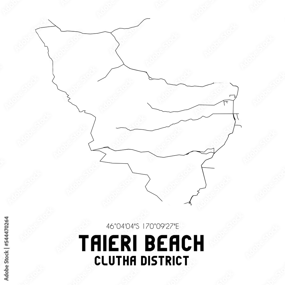 Taieri Beach, Clutha District, New Zealand. Minimalistic road map with black and white lines