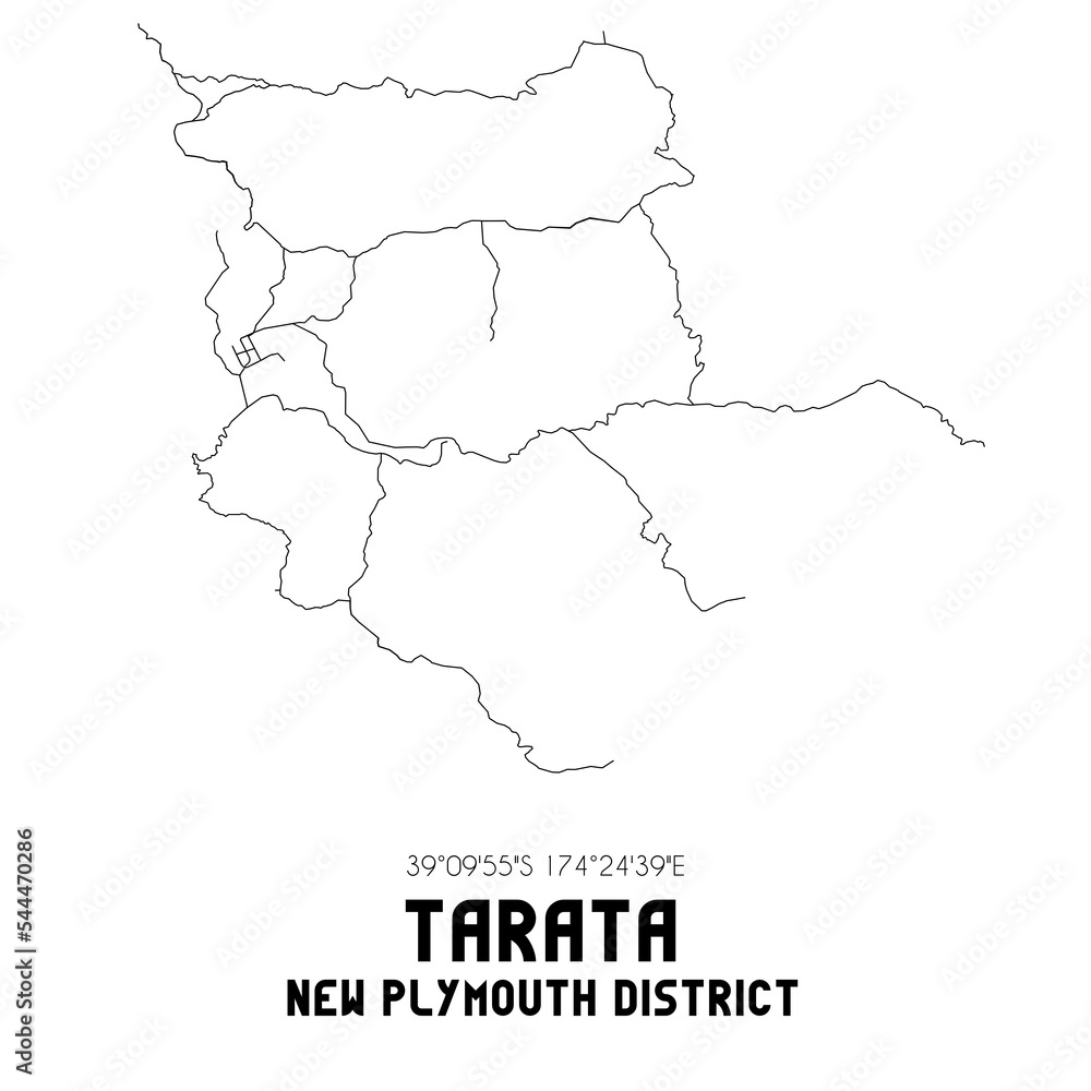 Tarata, New Plymouth District, New Zealand. Minimalistic road map with black and white lines