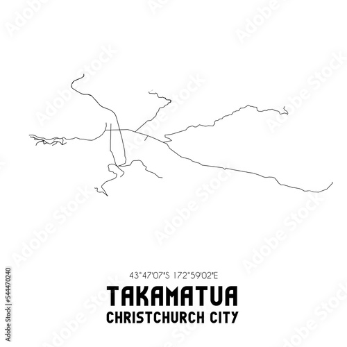 Takamatua, Christchurch City, New Zealand. Minimalistic road map with black and white lines photo