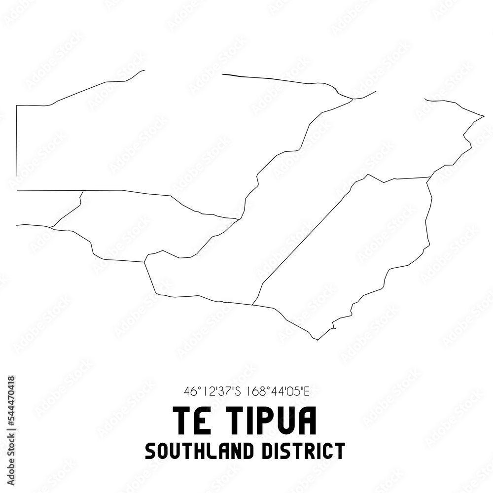 Te Tipua, Southland District, New Zealand. Minimalistic road map with black and white lines