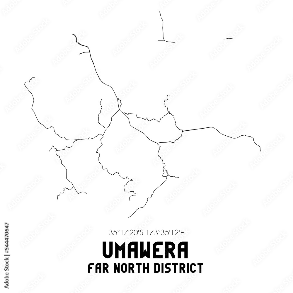 Umawera, Far North District, New Zealand. Minimalistic road map with black and white lines