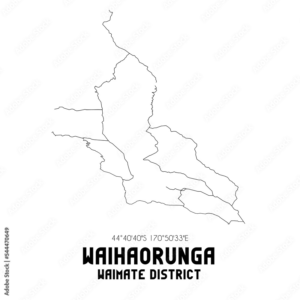 Waihaorunga, Waimate District, New Zealand. Minimalistic road map with black and white lines