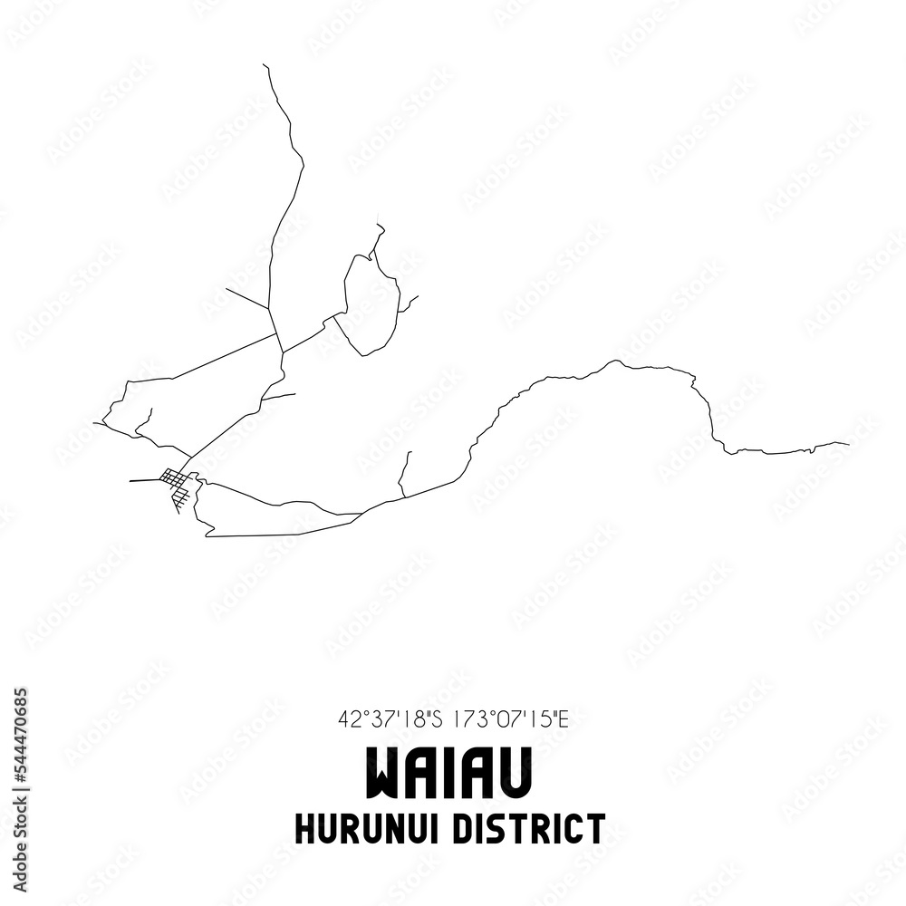 Waiau, Hurunui District, New Zealand. Minimalistic road map with black and white lines