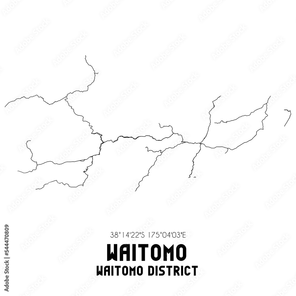Waitomo, Waitomo District, New Zealand. Minimalistic road map with black and white lines