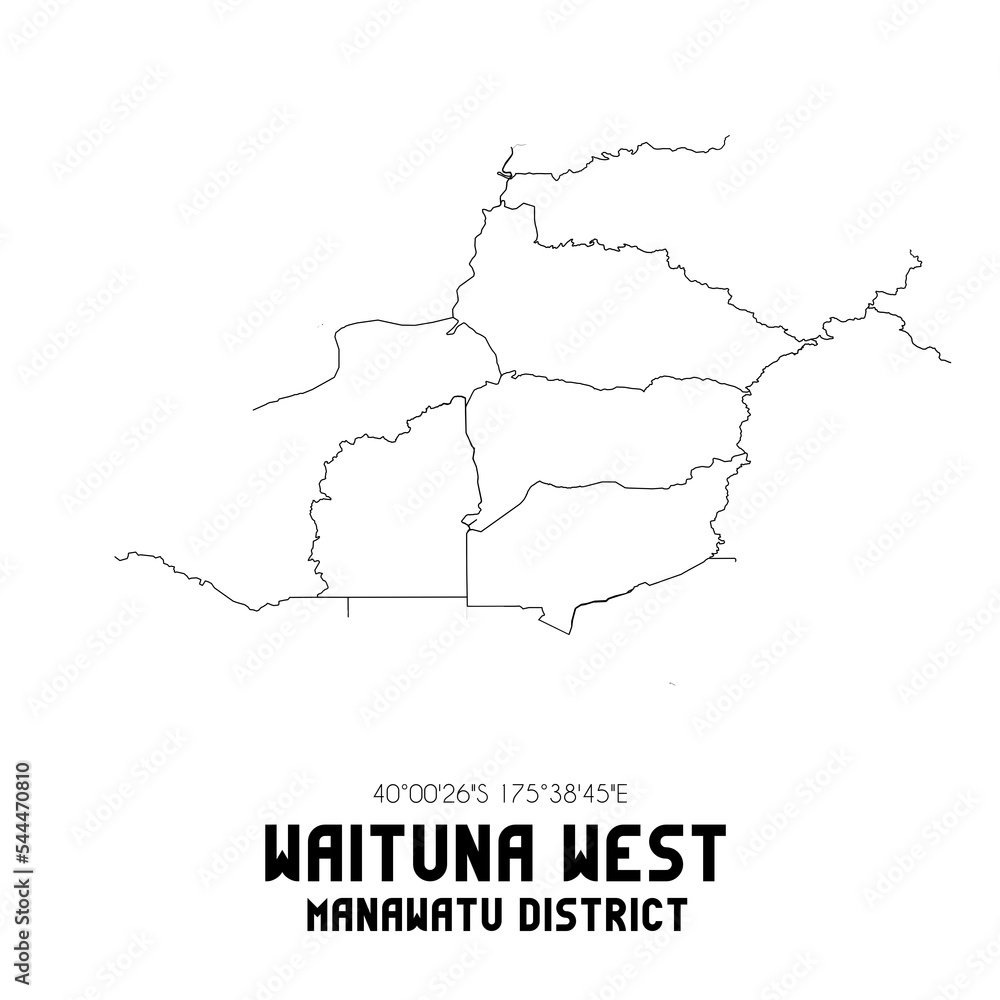 Waituna West, Manawatu District, New Zealand. Minimalistic road map with black and white lines