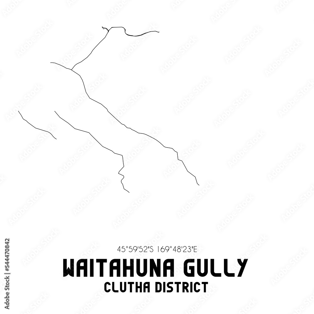 Waitahuna Gully, Clutha District, New Zealand. Minimalistic road map with black and white lines