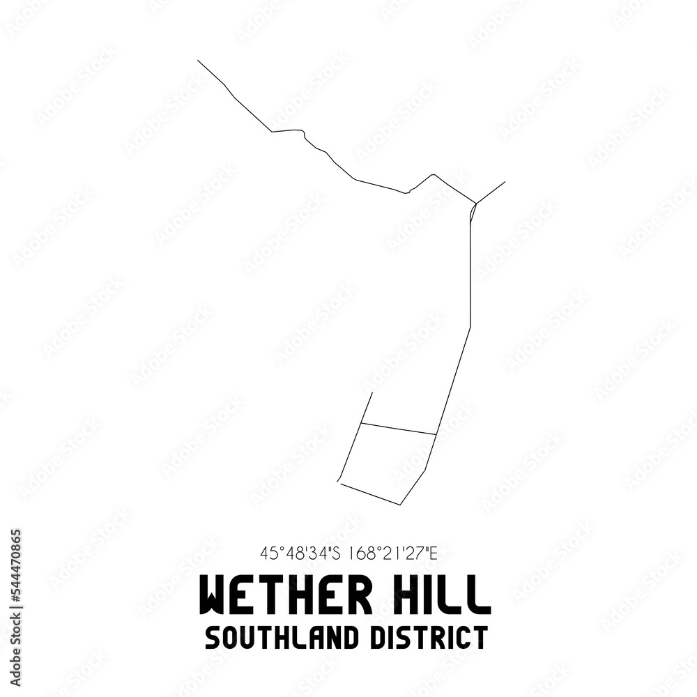 Obraz premium Wether Hill, Southland District, New Zealand. Minimalistic road map with black and white lines
