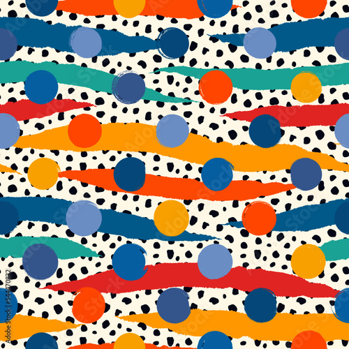 Modern seamless pattern. Geometric mixed texture surface print. Repeated polka dot, circle, grain, stripe motif