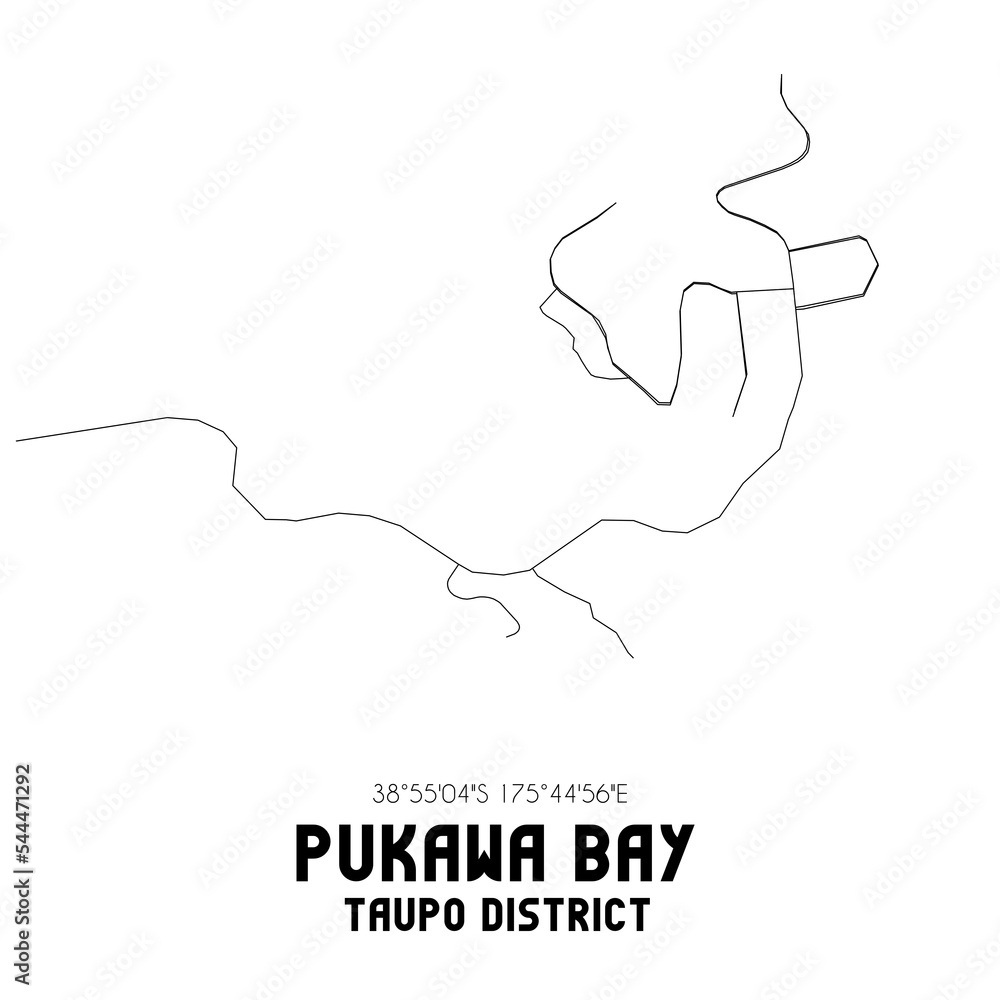 Pukawa Bay, Taupo District, New Zealand. Minimalistic road map with black and white lines