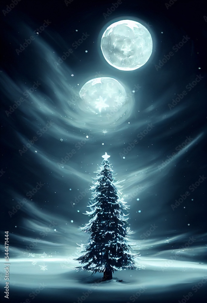 illustration of a frozen christmas tree in a cold night with beautiful moonlight in blue colors for a christmas greetings card illustration of a frozen christmas tree in a cold night with beautiful moonlight in blue colors for a christmas greetings card
