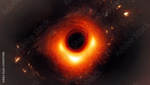 Scientists released the first picture of a black hole on April 2019. M87 is a large galaxy in Virgo Cluster, and its central black hole is one of largest. Black background copy space. 3D illustration photo