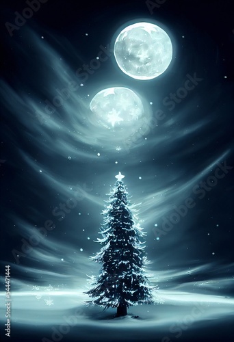 illustration of a frozen christmas tree in a cold night with beautiful moonlight in blue colors for a christmas greetings card