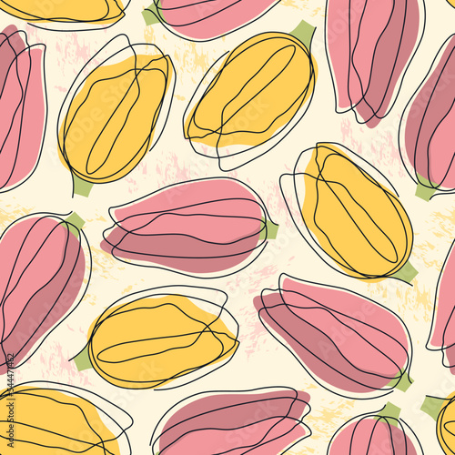 Tulip flower seamless pattern. Floral feminine elegant print. Blossom motif modern minimal style background. Continuous single line design ornament. Vector scribble flowers