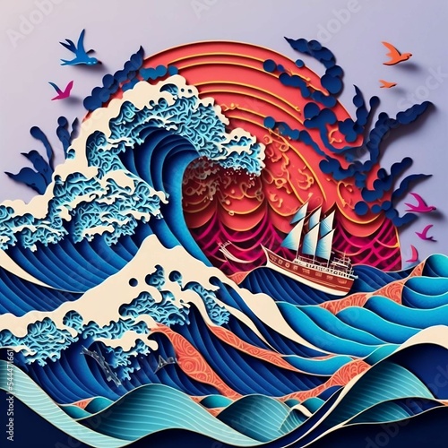 Foto Ocean Waves Over Ship Great Wave off Kanagawa Landscape Paper Quilling Illustrat