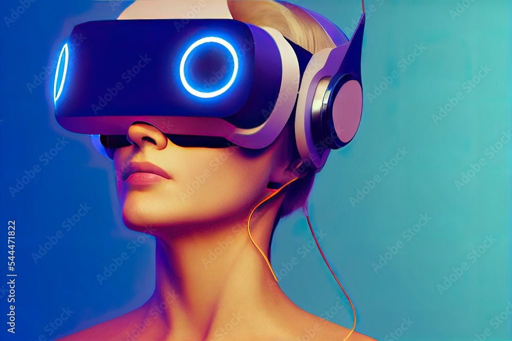 3D rendering side view of futuristic woman with short blond hair in modern  VR goggles and headphones pushing invisible button while exploring  metaverse in studio with neon illumination Illustration Stock | Adobe