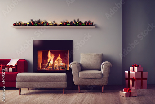 Christmas and cozy fireplace, Christmas balloons Xmas present gifts, grey sofa © Llama-World-studio