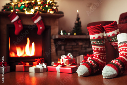 Christmas and cozy fireplace, balls, Xmas present gifts, 