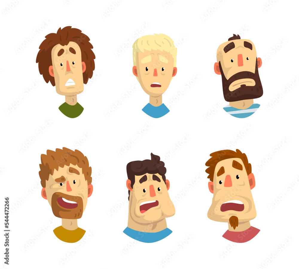 Man Face Expressing Astonished and Surprised Emotion Raising His Eyebrows Vector Set