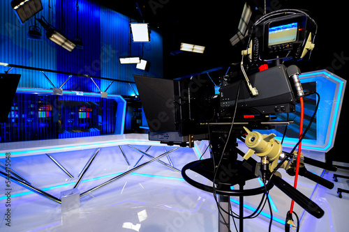 television studio with television equipment. lighting and filming equipment in a television studio without people
