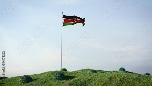 Kenya, kenyan flag waving in the wind on a beautiful landscape. Blue sky. 4K HD. Stunning image. photo