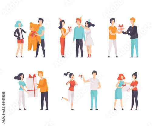 People Characters Giving and Receiving Wrapped Gift Box as Holiday Congratulation Vector Set