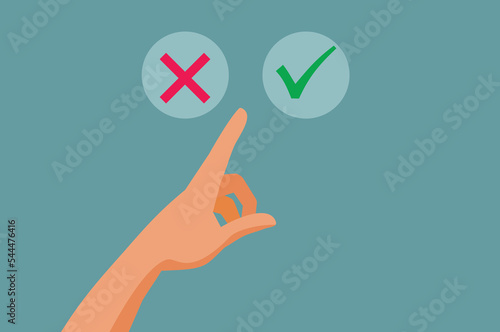 Hand Choosing Between Accept and Reject Icon on Web Interface Vector Cartoon. Person deciding between user interface graphic buttons
