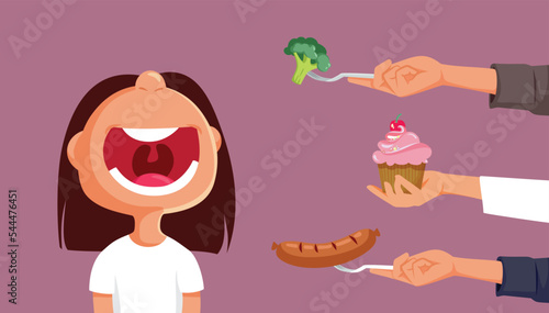 Family Overfeeding Toddler Child Vector Cartoon Illustration. Lazy kid being fed by parents and grandparents chaotical meals
