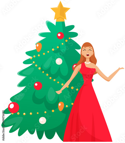 Beautiful girl stands near fir tree and sings festive song. New Year and Christmas. Winter celebration and holidays. Happy woman vocalist performs verses with melody at family party or at concert
