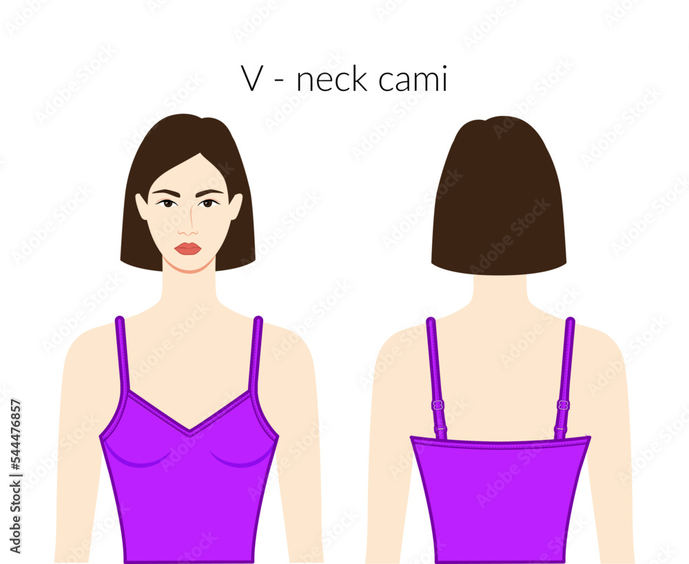 V - neckline camisole tank clothes character beautiful lady in purple top, shirt, dress technical fashion illustration with fitted body. Flat apparel template front, back sides. Women, men unisex CAD V - neckline camisole tank clothes character beautiful lady in purple top, shirt, dress technical fashion illustration with fitted body. Flat apparel template front, back sides. Women, men unisex CAD