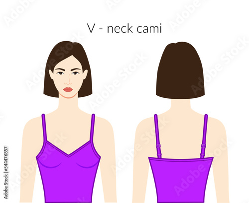 V - neckline camisole tank clothes character beautiful lady in purple top, shirt, dress technical fashion illustration with fitted body. Flat apparel template front, back sides. Women, men unisex CAD