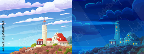 Seaside landscape with white lighthouse on shore, building for lighthouse keeper at day and night. Element of marine landscape. Beautiful place and rock. Lighting white tower, navigation construction