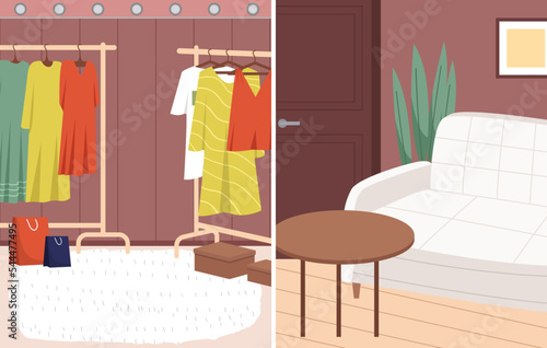 Clothes varicoloured shirts hanging on hangers elements of wardrobe in store. Fashion, clothes store, shopping. Fitting room of boutique. Chooses clothing in dressing room. Shirts fluttered on hangers