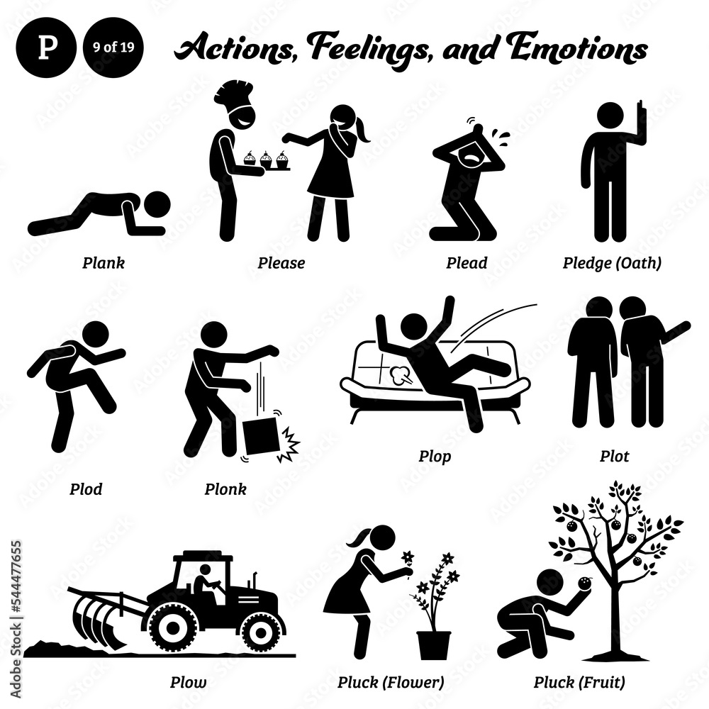 Stick figure human people man action, feelings, and emotions icons alphabet P. Plank, please, plead, pledge, oath, plod, plonk, plop, plot, plow, pluck, flower, and fruit. Stick figure human people man action, feelings, and emotions icons alphabet P. Plank, please, plead, pledge, oath, plod, plonk, plop, plot, plow, pluck, flower, and fruit.