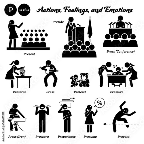 Stick figure people man action, feelings, and emotions icons alphabet P. Present, preside, press, conference, preserve, press, pretend, pressure, press, iron, pressure, prevaricate, presume, prevent.