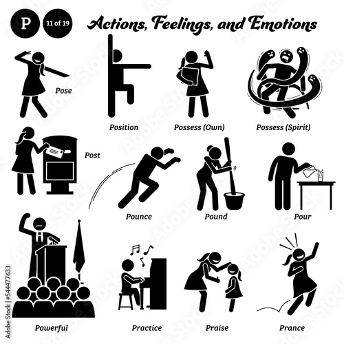 Stick figure human people man action, feelings, and emotions icons alphabet P. Pose, position, possess, own, spirit, post, pounce, pound, pour, powerful, practice, praise, and prance.