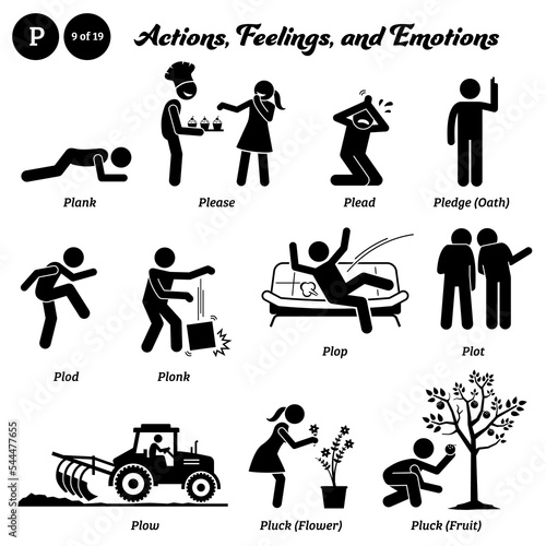 Stick figure human people man action, feelings, and emotions icons alphabet P. Plank, please, plead, pledge, oath, plod, plonk, plop, plot, plow, pluck, flower, and fruit.