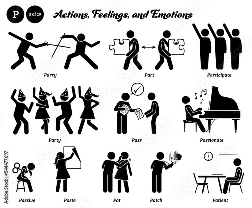 Stick figure human people man action, feelings, and emotions icons alphabet P. Parry, part, participate, party, pass, passionate, passive, paste, pat, patch, and patient.