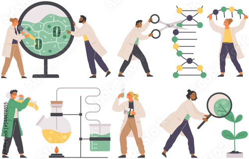 Scientists make laboratory analysis of dna, plants and organisms. Idea of education, botany, microbiology scenes set. Biologists study structure of plant cell. Biological research with flasks in lab