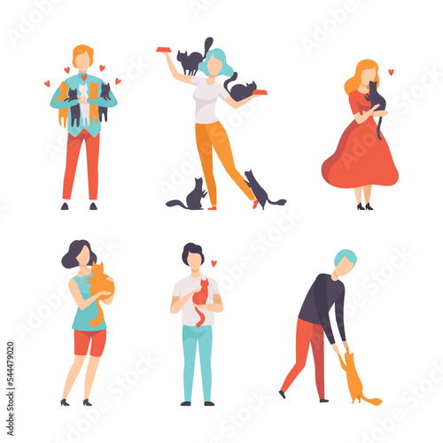 People Cat Lover as Pet Owners Playing and Caring of Their Domestic Animal Vector Set
