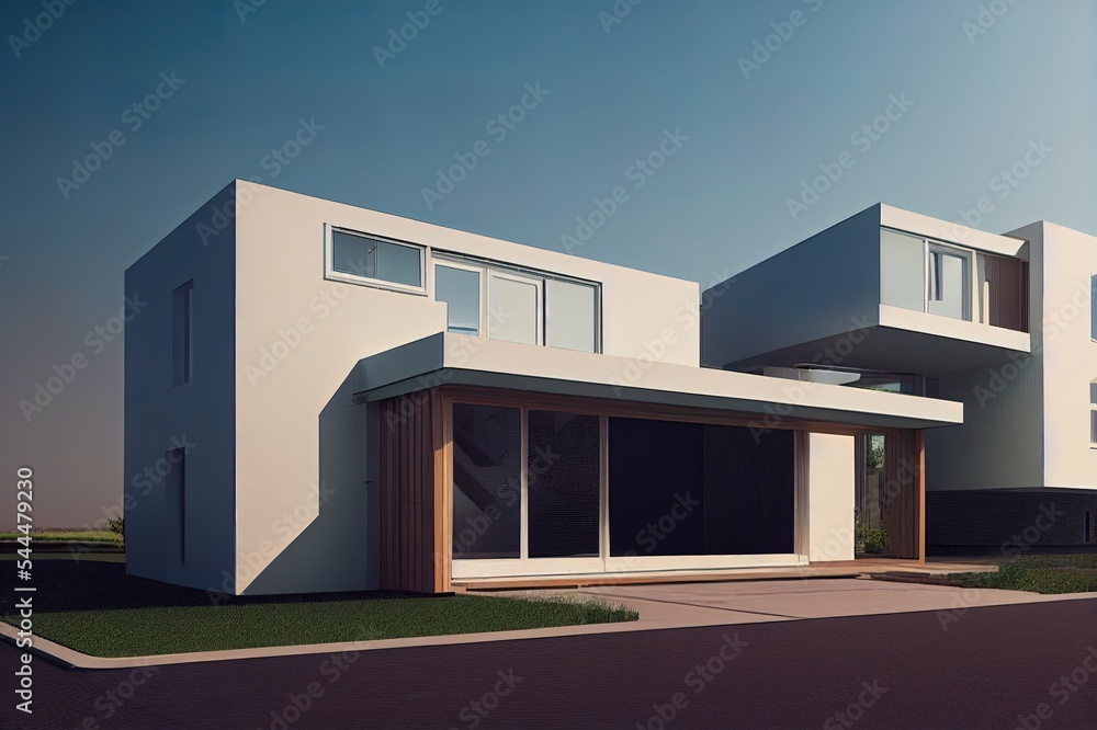 A concept for a home hydrogen system to store solar energy and power electric and hydrogen cars. A modern house with an open garage and a car in the afternoon light. 3d rendering.