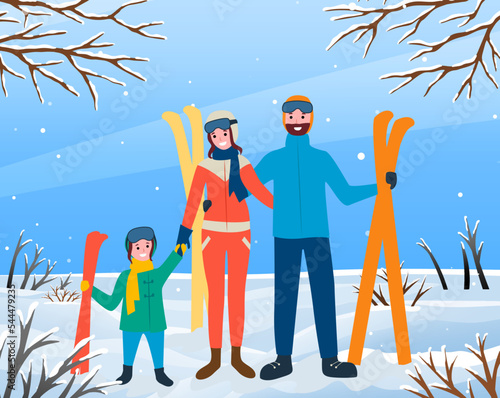 Mother and father with daughter holding ski supplies. Vacations and active lifestyle outdoor. Parents and kid spending time in winter forest. Family of skiers wearing warm clothes standing by trees