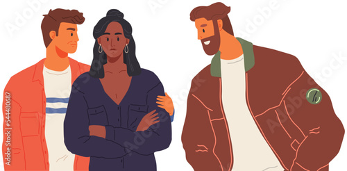 Cartoon man woman characters quarreling, arguing in anger and disagreement, dispute of husband and wife isolated on white. Conflicting friends. Angry quarrel of couple people, stress family problem