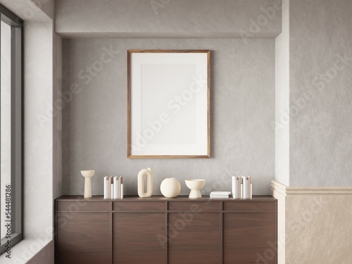 Mock up poster frame on wall in modern interior background, living room. Warm and Cozy style. 3D rendering.
