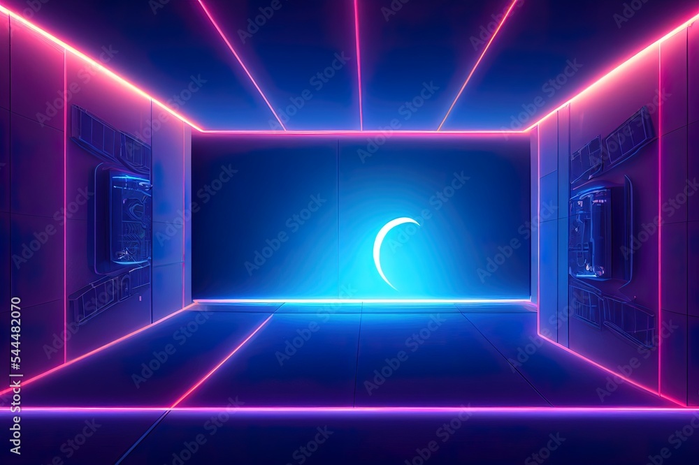 Sci fi product podium showcase in empty spaceship room with blue earth background. Cyberpunk blue and pink color neon space technology and entertainment object concept. 3D illustration rendering