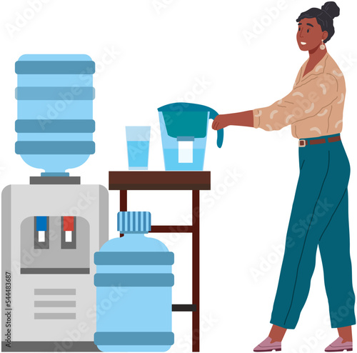 Woman pouring pure water from filter. Happy girl standing and holding filter with clean fresh water during work break or at house. Healthy lifestyle illustration. Drinking water treatment technologies