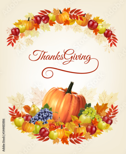 Happy Thanksgiving Background with colorful leaves, pumpkins and fresh fruits. Vector.