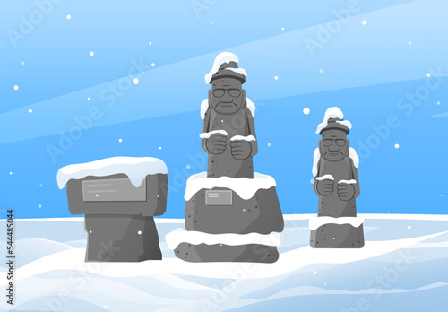 Ancient stone sculptures, architectural monuments covered by snow. Immemorial historical human figure carved from large rock on winter island. Dolharubang statues, symbol of Jeju in South Korea