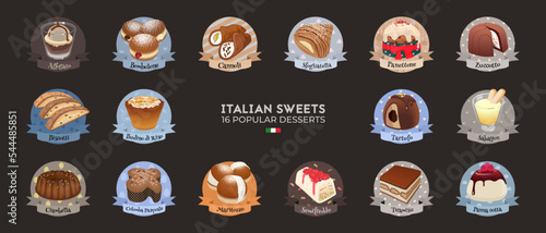 Big collection of traditional Italian desserts. Hand drawn colorful illustration.