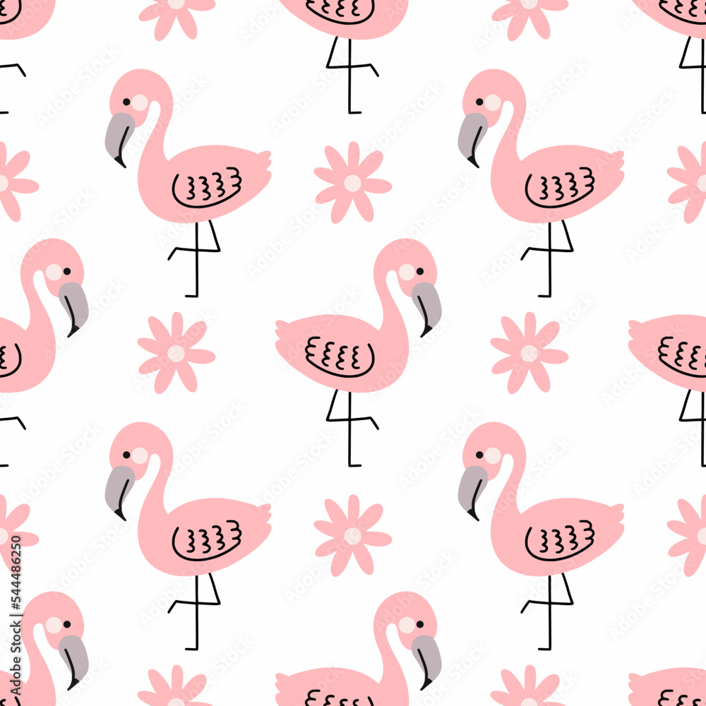 Fototapeta premium Pink flamingo and flower. Seamless pattern for sewing children's clothing. African background in nursery. Jungles. Print on fabric and packaging.